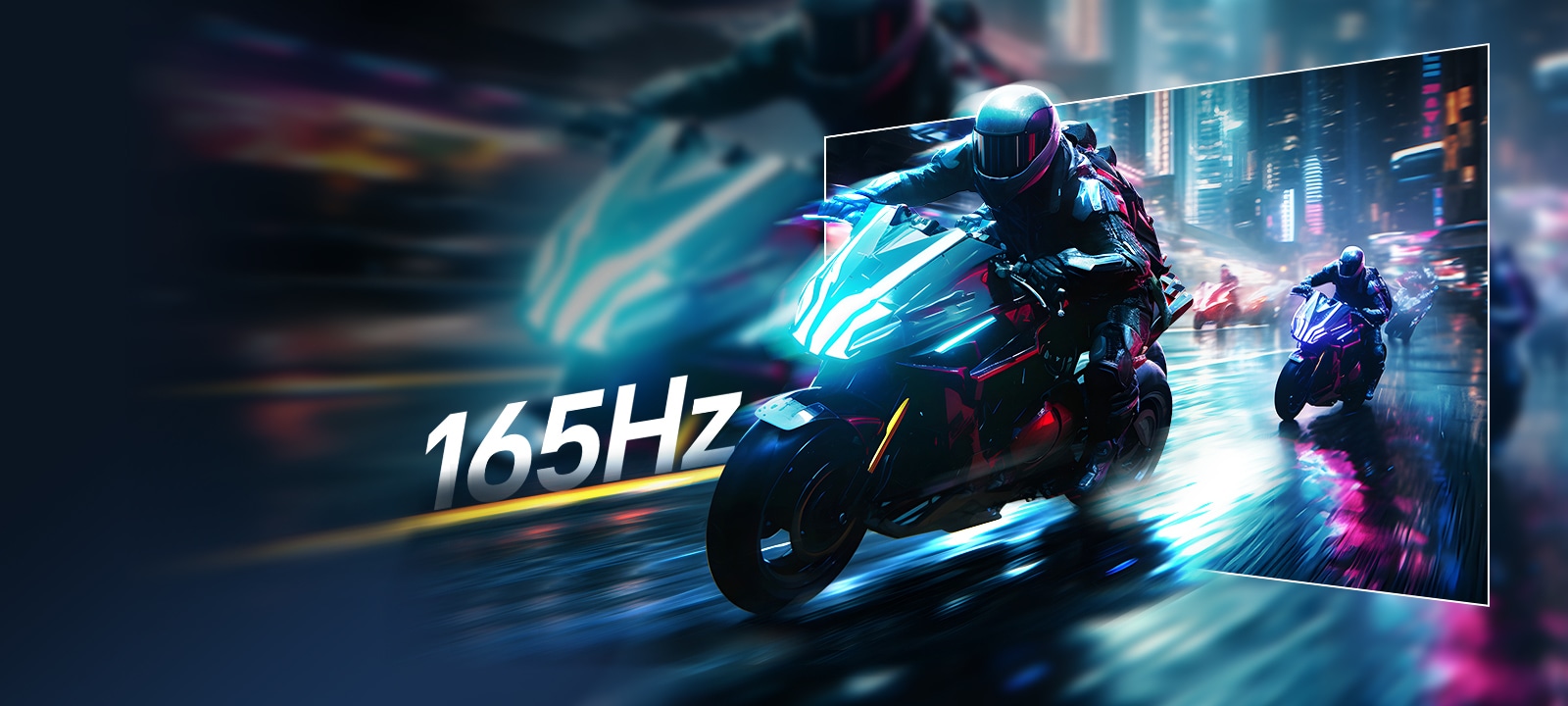A monitor showing a high-speed motorcycle race on neon-lit city streets, highlighting smooth motion at 165Hz refresh rate.