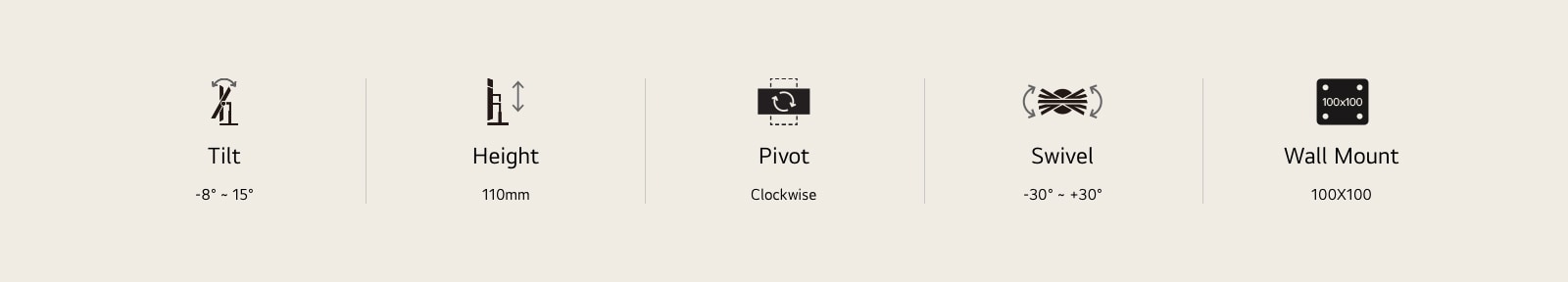 Icons for Tilt, Height, Pivot, Swivel, and wall mount.