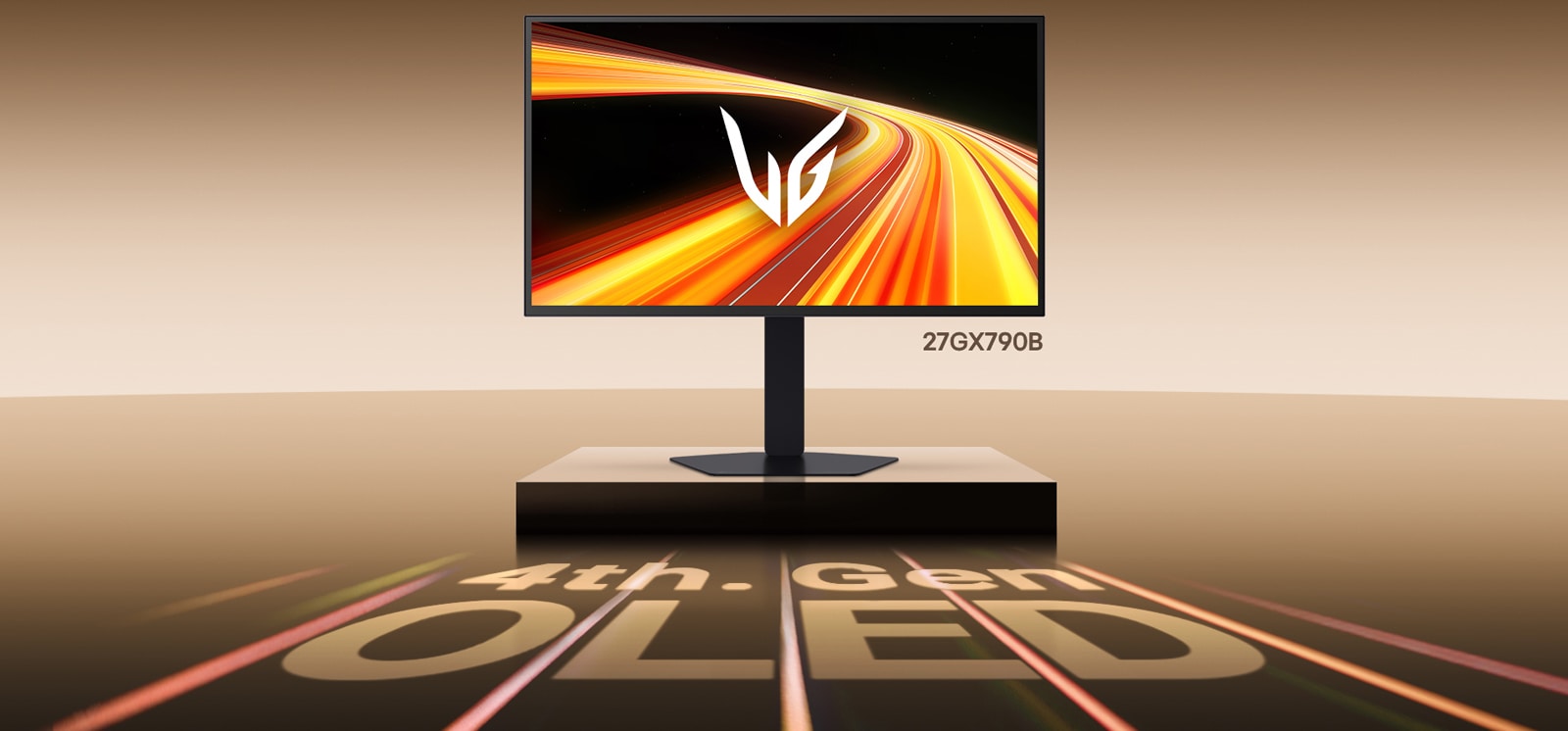 LG UltraGear 27GX790B gaming monitor displayed on a raised platform with a high-speed light trail graphic shown on screen. The floor projection reads ‘4th Gen OLED,’ emphasizing the OLED generation of the product.