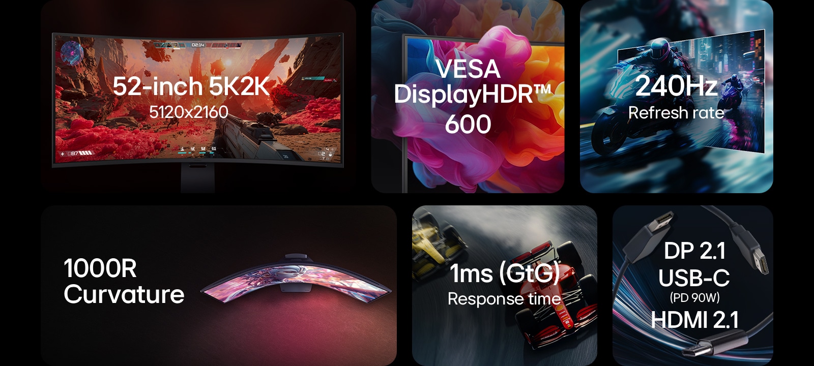 LG UltraGear gaming monitor (52G930B) feature overview with 52-inch 5K2K, 240Hz, 1ms(GtG), HDR600, 1000R curvature, DP 2.1, USB-C(PD 90W), HDMI 2.1