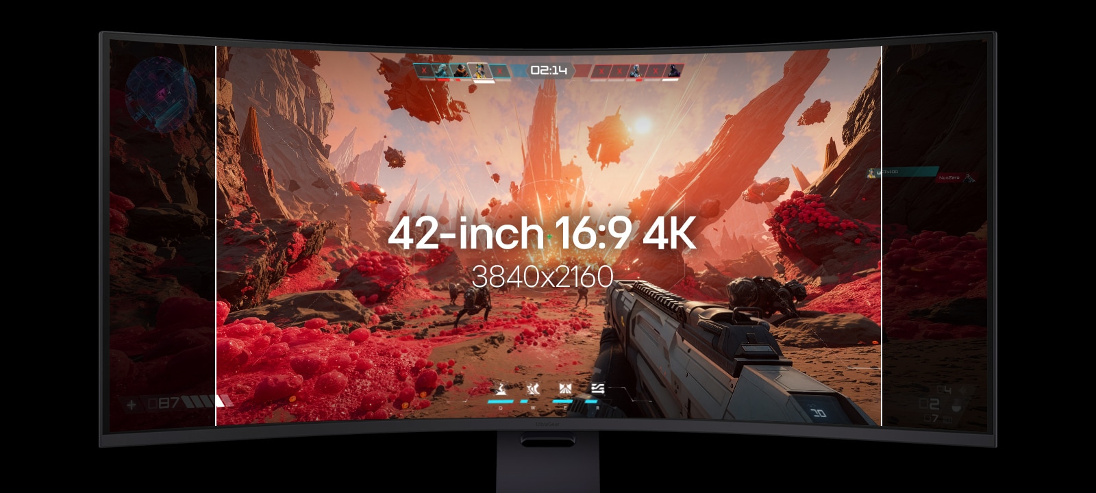This animated monitor shows the display growing from 16:9 UHD 4K to 52-inch 21:9 UltraWide 5K2K big gaming monitor with various gaming genres.