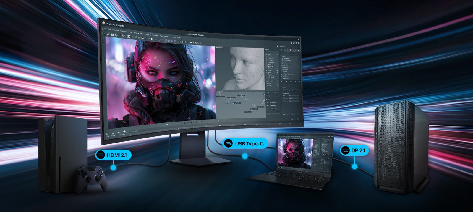 A gaming monitor is connected to a PC, laptop, and console setup, illustrating versatile connectivity options including DisplayPort 2.1, USB Type-C, and HDMI 2.1 for high-performance gaming and productivity.