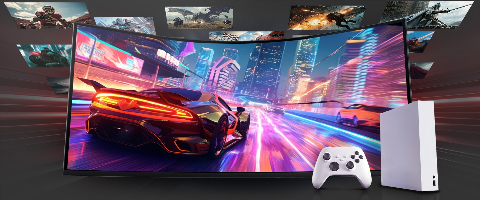 A curved gaming monitor shows a racing game with a red supercar in a neon-lit city. Other game scenes float around the screen. A white console controller is placed in front, highlighting console play.