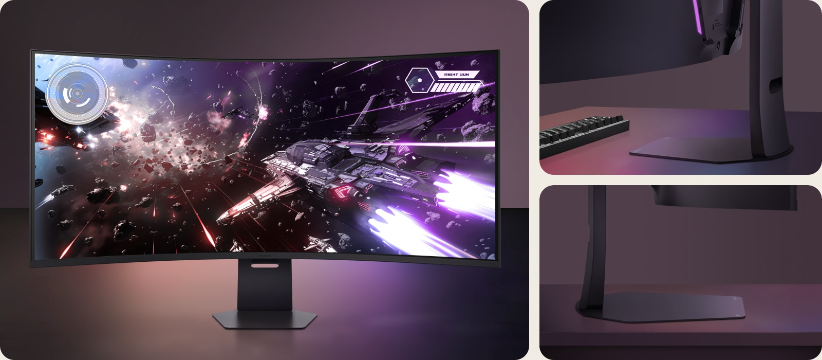 Front, reare and side view of the LG UltraGear gaming monitor on a desk, with a curved design and sleek finish.