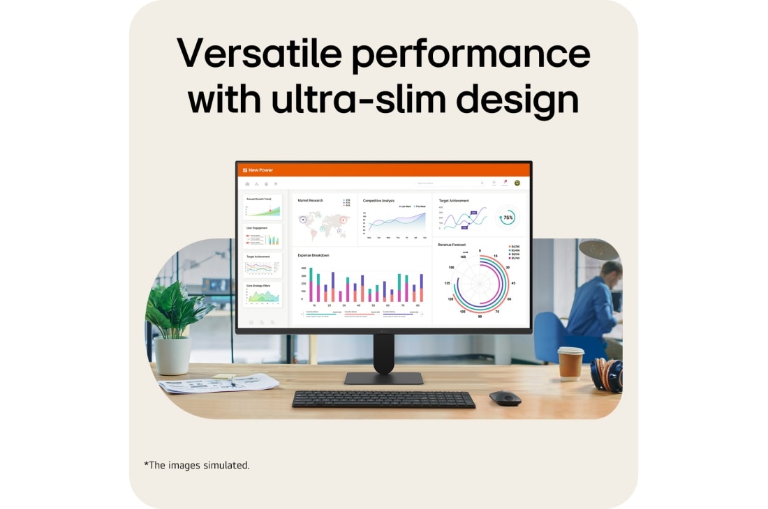 LG 27-inch LG Monitor U4, IPS Full HD 144Hz Monitor, LG FHD monitor on desk displaying office dashboard charts with keyboard and mouse in workspace setup., 27U411B-B, thumbnail 4