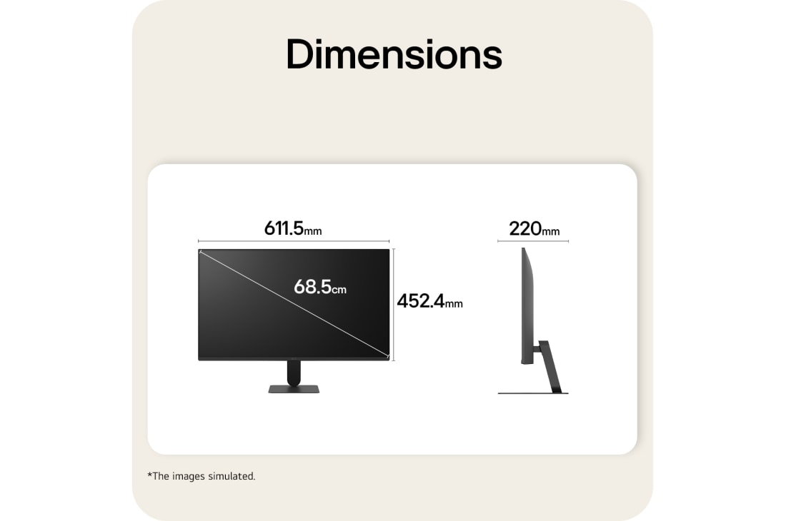 LG 27-inch LG Monitor U4, IPS Full HD 144Hz Monitor, LG FHD monitor front and side view with product dimensions displayed in millimeters., 27U411B-B, thumbnail 12