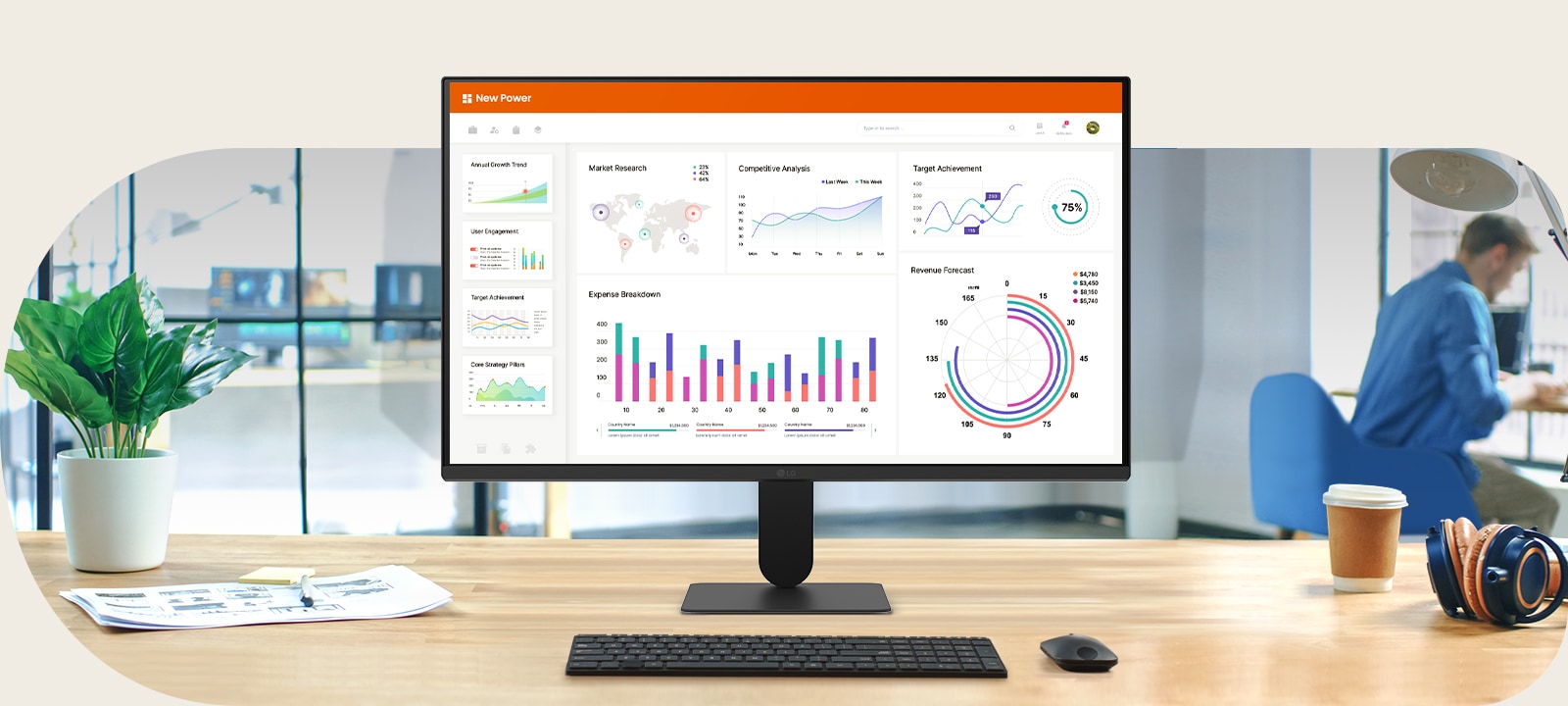 Monitor on a desk displaying a business dashboard with charts and analytics, illustrating productivity and everyday office use.	
