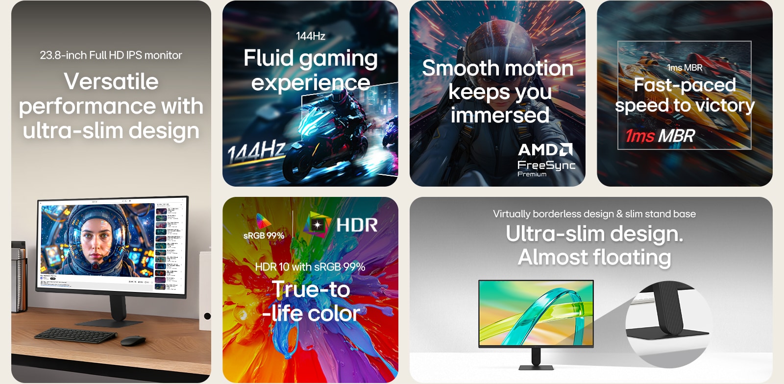 LG FHD monitor feature overview showing a 23.8-inch IPS display, 144Hz refresh rate, 1ms MBR, AMD FreeSync Premium support, HDR10 with sRGB 99% color accuracy, and an ultra-slim virtually borderless design with a slim stand base for smooth gaming and everyday use.