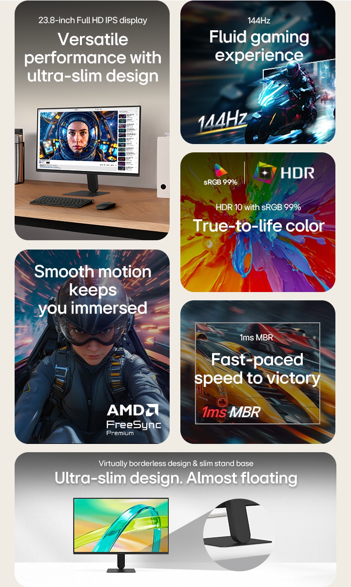 LG FHD monitor feature overview showing a 23.8-inch IPS display, 144Hz refresh rate, 1ms MBR, AMD FreeSync Premium support, HDR10 with sRGB 99% color accuracy, and an ultra-slim virtually borderless design with a slim stand base for smooth gaming and everyday use.