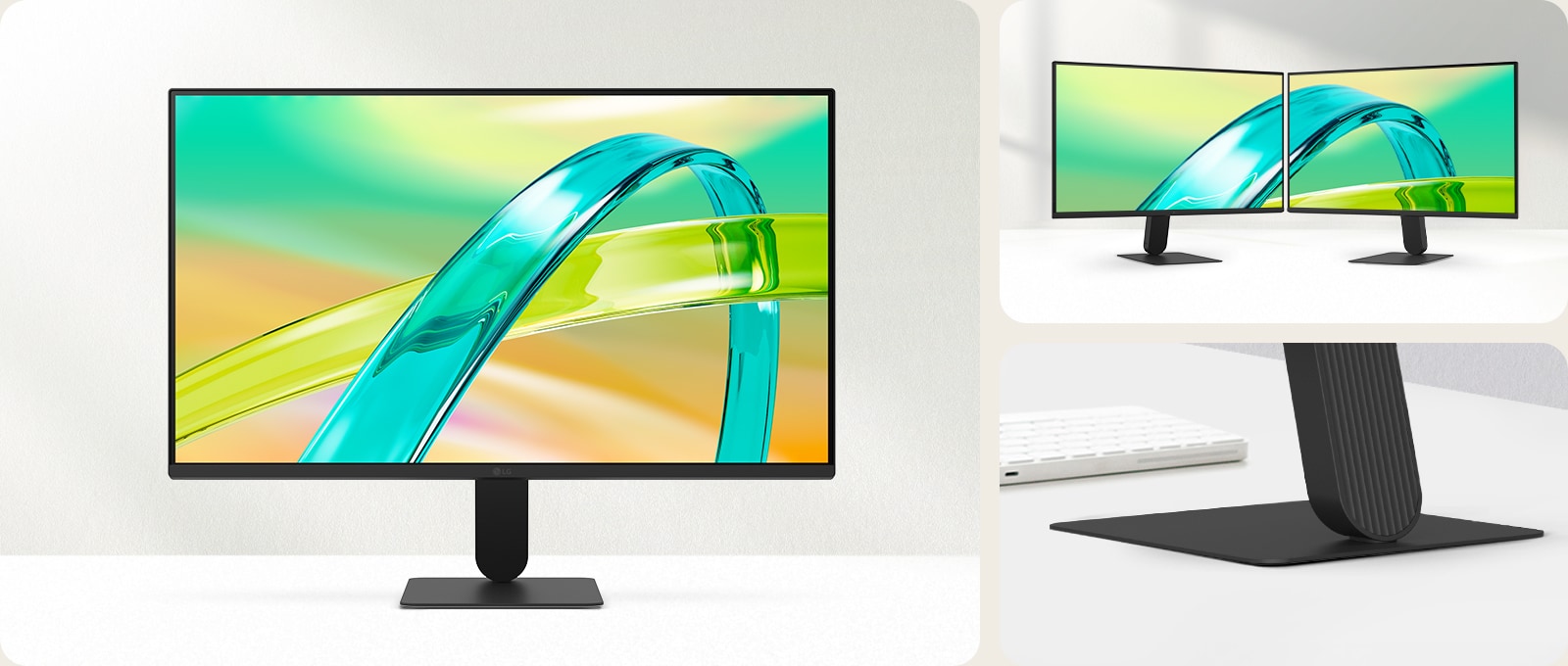 LG FHD monitor with 3-side virtually borderless display and slim stand base shown in front view and dual-monitor setup for a clean minimalist workspace.