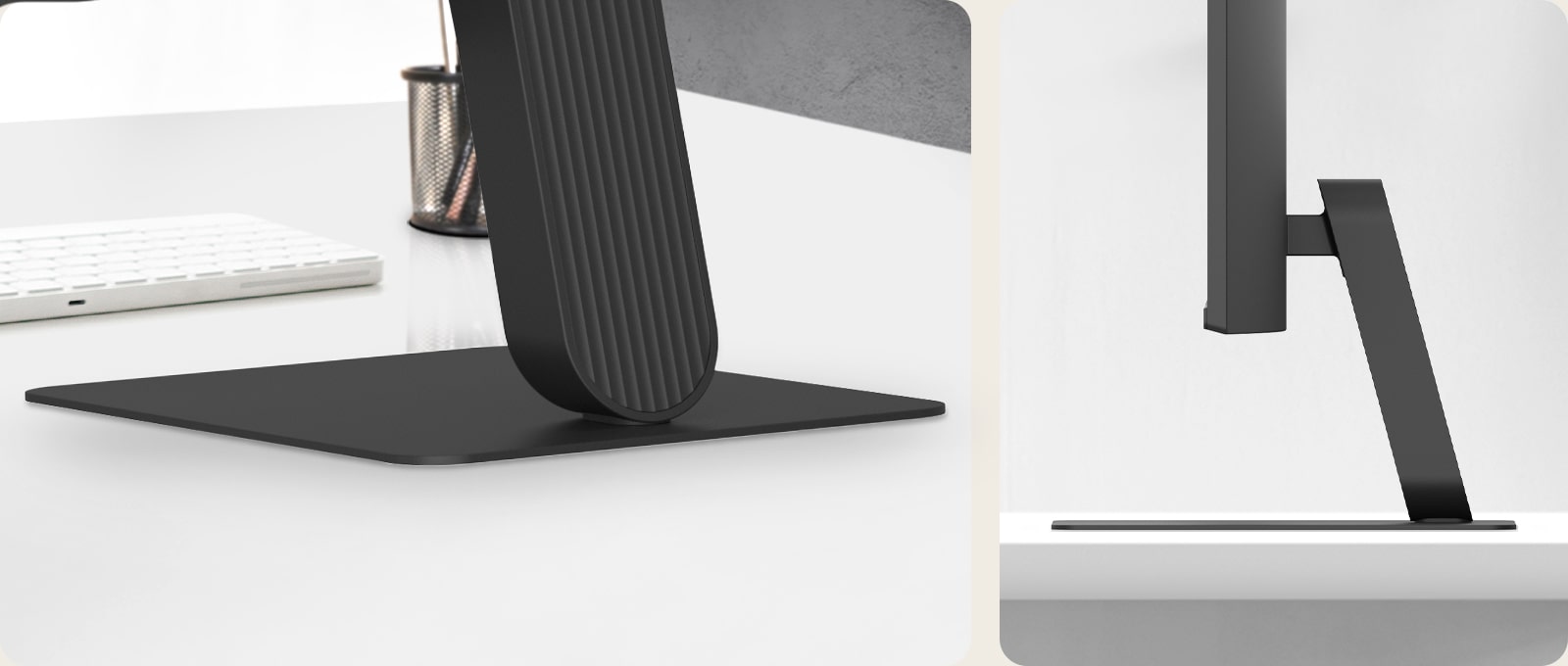 Close-up views of monitor stand base and side profile, highlighting slim, stable design and minimal footprint.