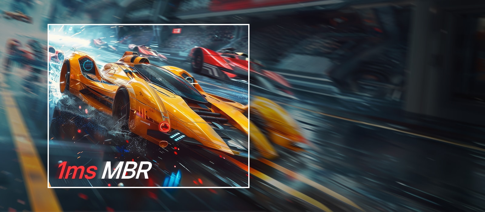 High-speed racing cars in motion with motion blur effect, highlighting 1ms MBR for reduced blur and faster, clearer gameplay performance.