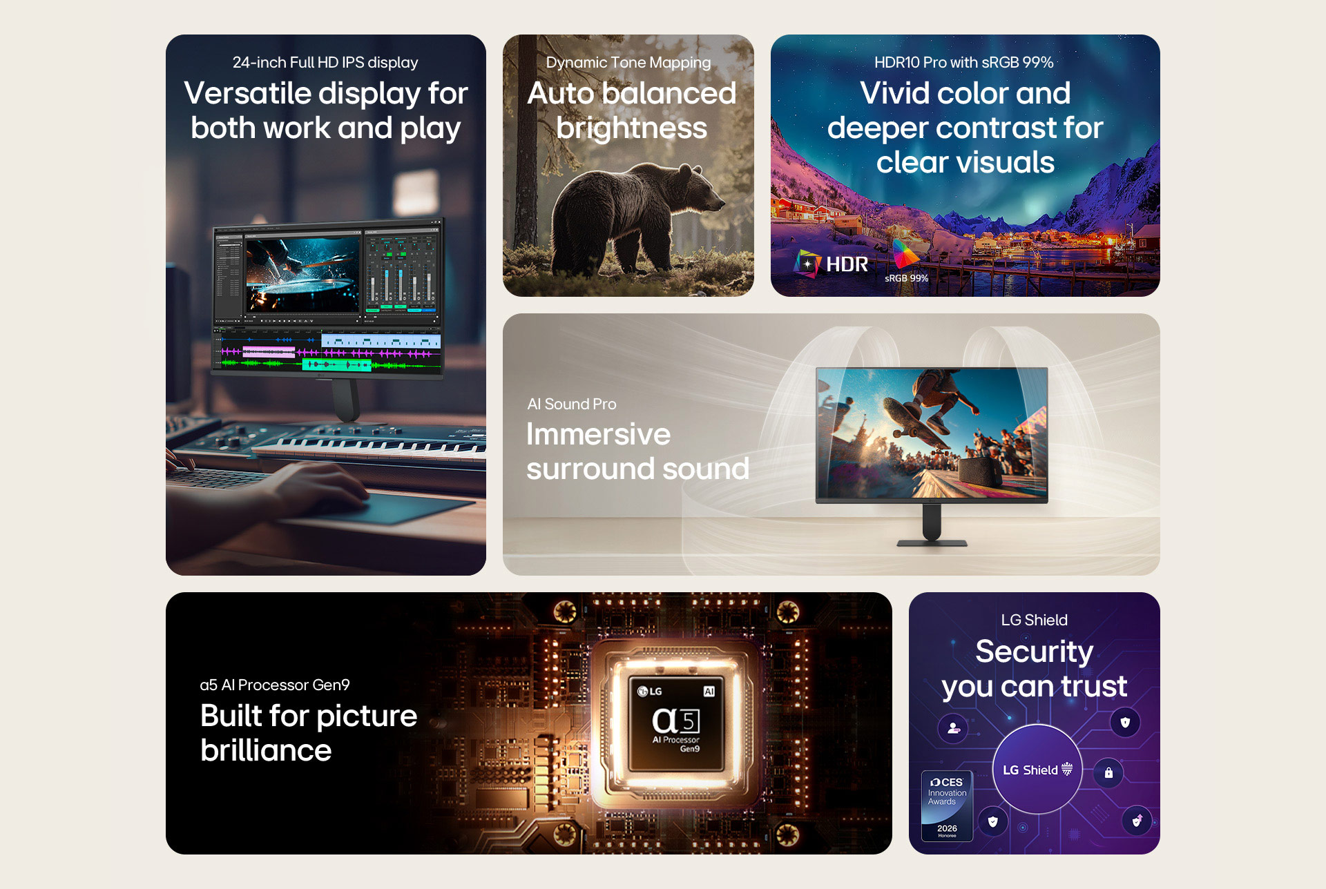 Summary video showcasing LG Smart Monitor features including Full HD IPS display, Dynamic Tone Mapping, HDR10 Pro with sRGB 99%, AI Sound Pro, α5 AI Processor Gen9, and LG Shield security.