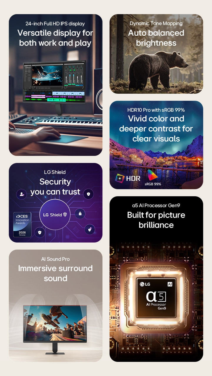 Summary video showcasing LG Smart Monitor features including Full HD IPS display, Dynamic Tone Mapping, HDR10 Pro with sRGB 99%, AI Sound Pro, α5 AI Processor Gen9, and LG Shield security.