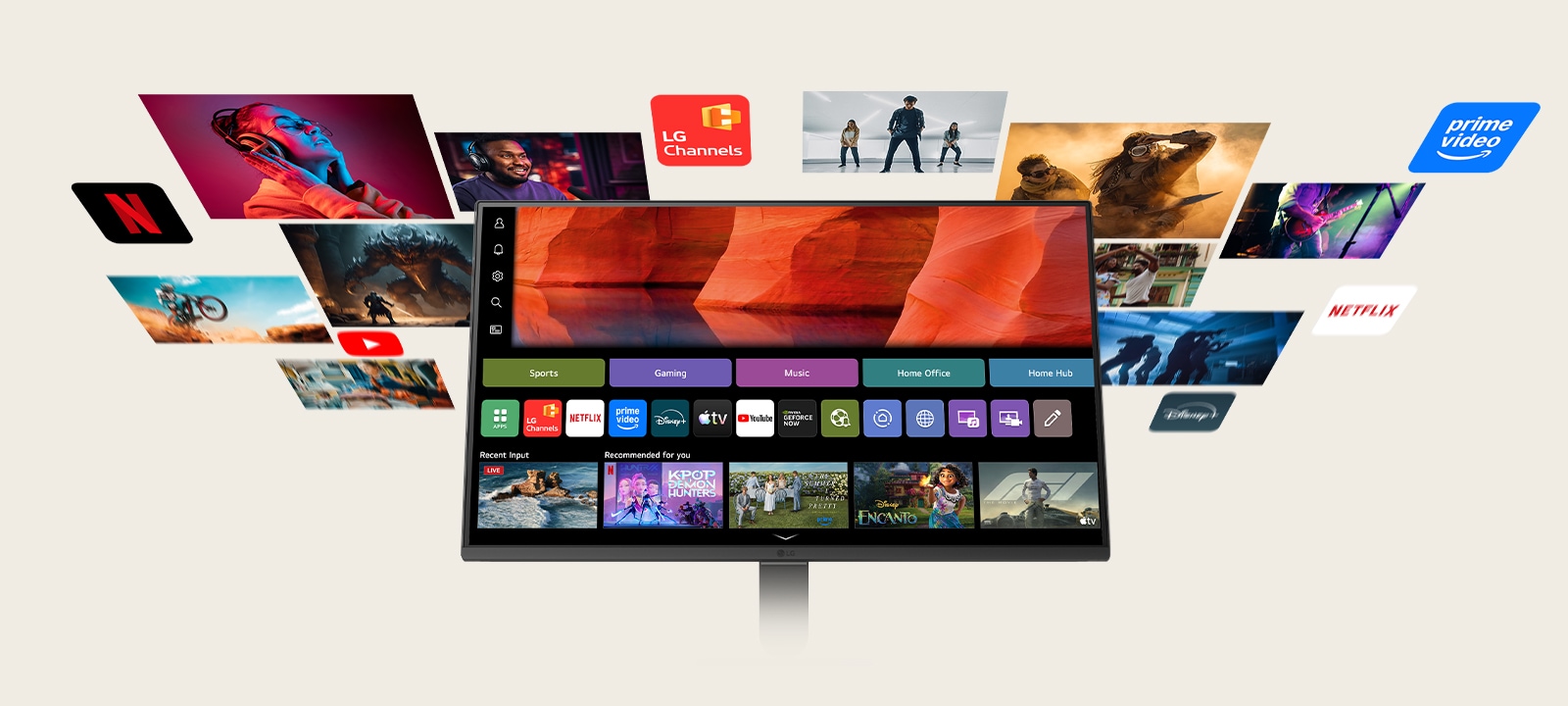 LG Smart Monitor showing the webOS home screen with streaming apps and content tiles, surrounded by floating entertainment visuals like movies, sports, and shows, highlighting all in one smart streaming, content discovery, and home entertainment experience