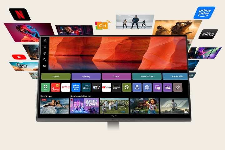 LG Smart Monitor showing the webOS home screen with streaming apps and content tiles, surrounded by floating entertainment visuals like movies, sports, and shows, highlighting all in one smart streaming, content discovery, and home entertainment experience