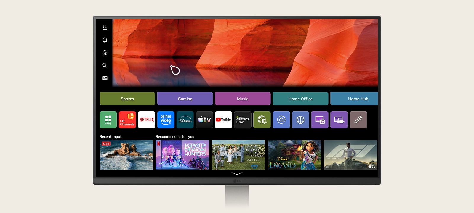 LG Smart Monitor displaying the webOS home interface with LG Channels app among streaming services, showing content recommendations, sports, gaming, music, and home hub categories, highlighting smart TV style navigation and built in streaming experience