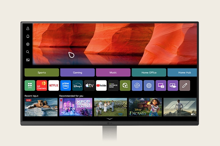 LG Smart Monitor displaying the webOS home interface with LG Channels app among streaming services, showing content recommendations, sports, gaming, music, and home hub categories, highlighting smart TV style navigation and built in streaming experience