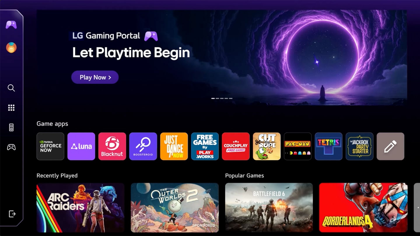 LG Smart Monitor displaying the LG Gaming Portal interface with game apps, cloud gaming services, and popular titles, featuring play now access, recently played games, and a console style gaming hub experience on webOS