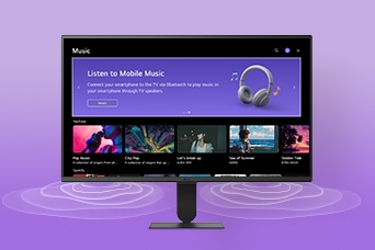 The LG Smart Monitor screen displays the music apps interface.