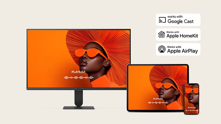 The same screen is being shared across a LG Smart Monitor, laptop, tablet, and smartphone using AirPlay 2.