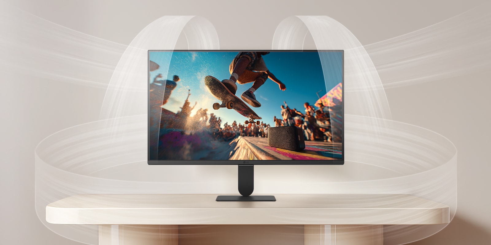 LG Smart Monitor demonstrating AI Sound Pro with a cinematic concert scene on screen, highlighting immersive audio optimization, clear dialogue, and balanced sound performance for an enhanced home entertainment experience