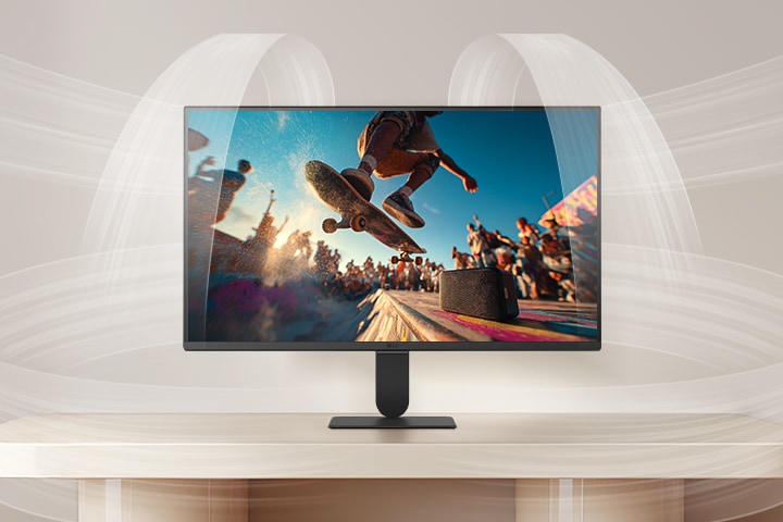 LG Smart Monitor demonstrating AI Sound Pro with a cinematic concert scene on screen, highlighting immersive audio optimization, clear dialogue, and balanced sound performance for an enhanced home entertainment experience