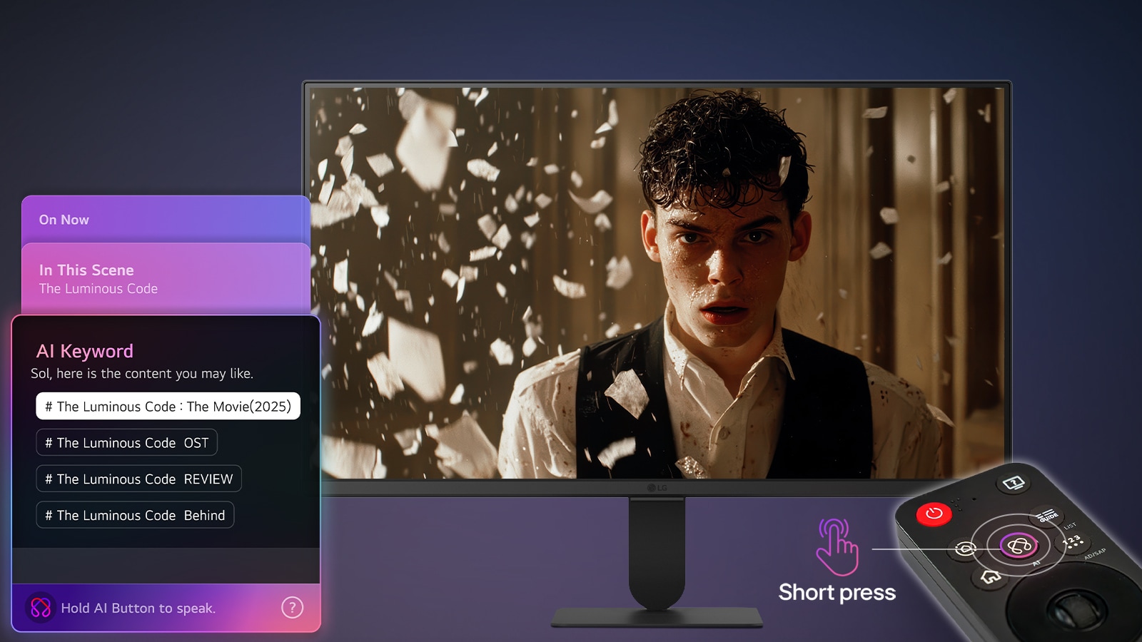 LG Smart Monitor displaying AI Concierge interface with Generative AI recommendations and AI keyword suggestions, controlled by Magic Remote, highlighting contextual search, voice interaction, and personalized content discovery on the smart monitor