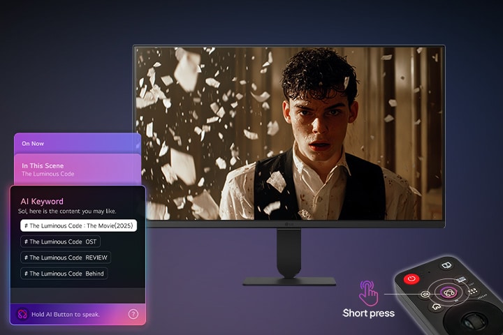 LG Smart Monitor displaying AI Concierge interface with Generative AI recommendations and AI keyword suggestions, controlled by Magic Remote, highlighting contextual search, voice interaction, and personalized content discovery on the smart monitor