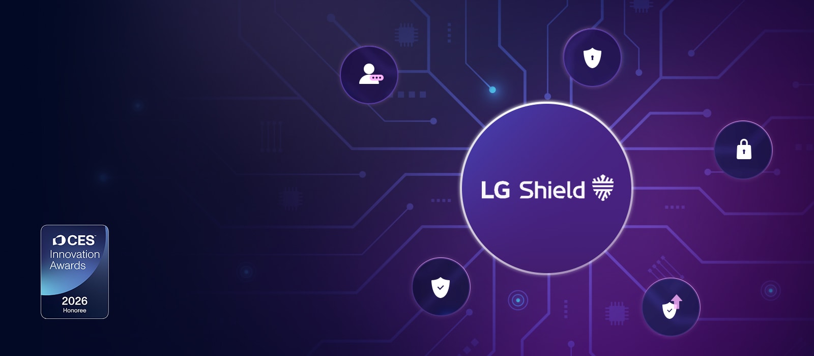 LG Smart Monitor highlighting LG Shield security system with network encryption, data protection, and multi layer security visualization, emphasizing secure data storage, safe transmission, and award winning smart device security technology