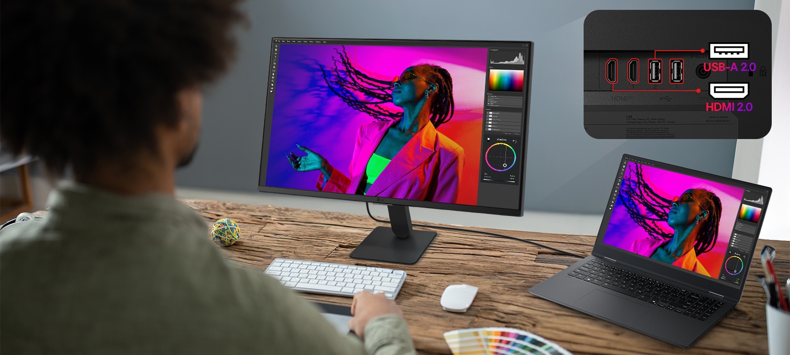 LG Smart Monitor connected to a laptop via USB C with 65W charging, showing photo editing workspace, multiple ports including USB C, USB, and HDMI, highlighting single cable connectivity, device charging, and productivity focused workstation setup