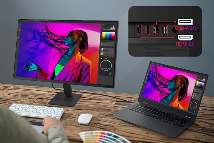 LG Smart Monitor connected to a laptop via USB C with 65W charging, showing photo editing workspace, multiple ports including USB C, USB, and HDMI, highlighting single cable connectivity, device charging, and productivity focused workstation setup