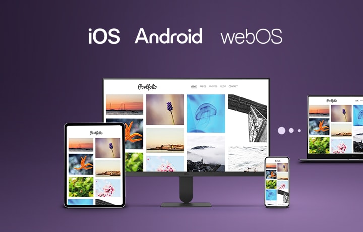 LG Smart Monitor using LG Link for wireless device sync across iOS, Android, and webOS, showing seamless image and file transfer between monitor, tablet, smartphone, and laptop, highlighting cross device connectivity and multi screen workflow.