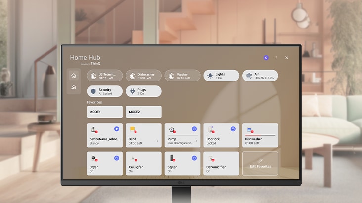 LG Smart Monitor displaying ThinQ Home Hub interface to control multiple smart home devices, showing unified dashboard for lighting, appliances, and connected devices, highlighting smart home monitoring and centralized control on webOS