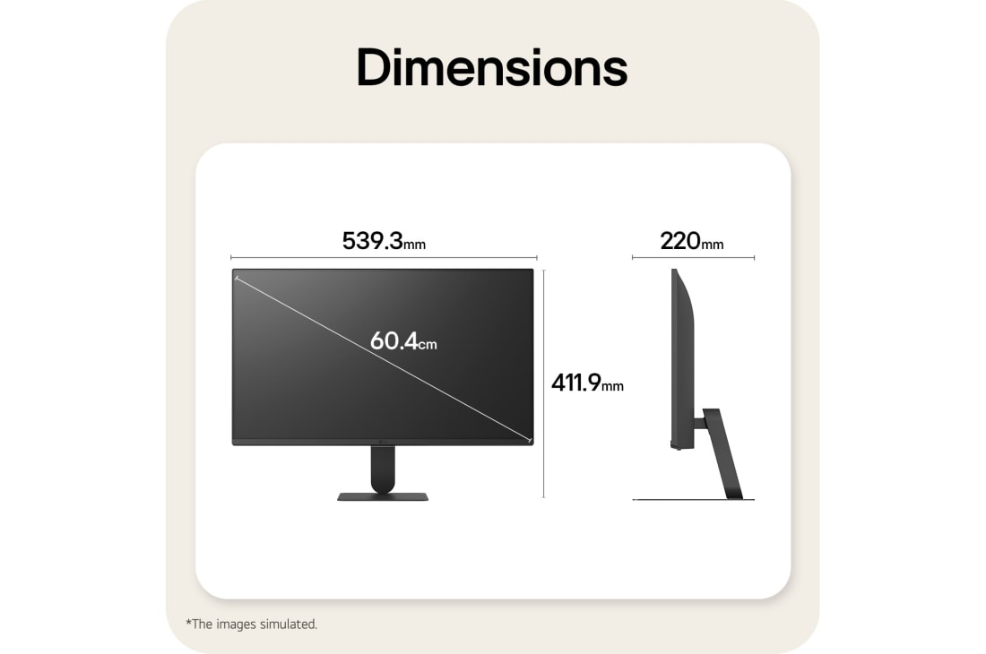 LG 24-inch LG Smart Monitor AI U5s, Full HD IPS Monitor for Streaming with webOS, LG Smart Monitor dimensions illustrating overall product size and stand measurements., 24U511SB-B, thumbnail 13