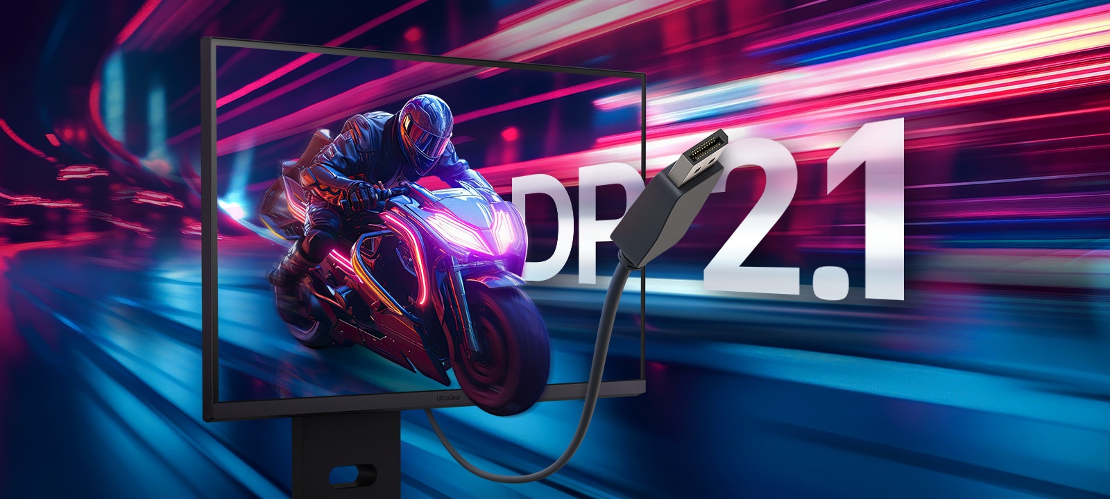 A futuristic motorcyclist emerging from a monitor screen with vibrant neon light trails and a DP 2.1 cable in the foreground.