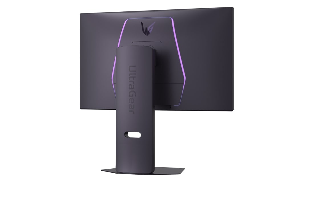 LG UltraGear™ 27-inch 240Hz UHD 4K Nano IPS Black Gaming Monitor | 1ms (GtG), DP 2.1, DisplayHDR 600, rear view of monitor with illuminated LED accents, 27G850A-B, thumbnail 8