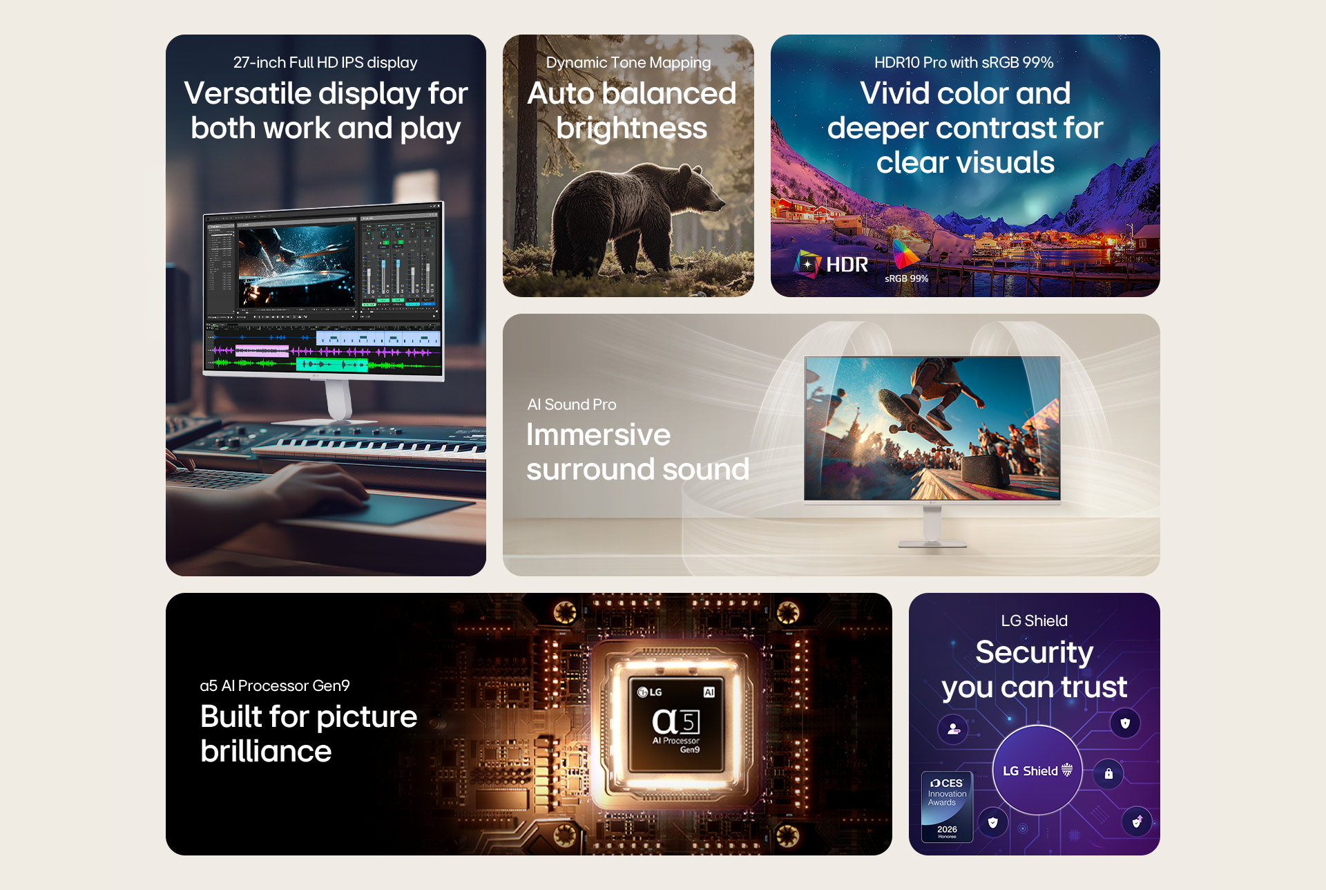 Summary video showcasing LG Smart Monitor features including Full HD IPS display, Dynamic Tone Mapping, HDR10 Pro with sRGB 99%, AI Sound Pro, α5 AI Processor Gen9, and LG Shield security.