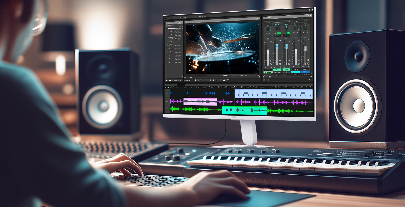 LG Smart Monitor displaying a professional video and audio editing workspace with timeline, color grading tools, and sound mixing interface, highlighting IPS 4K resolution, HDR support, and wide color coverage in a creative studio setup with speakers and keyboard for content production and multimedia work.