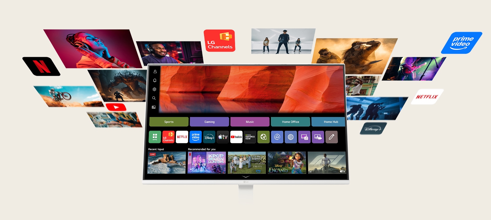 LG Smart Monitor showing the webOS home screen with streaming apps and content tiles, surrounded by floating entertainment visuals like movies, sports, and shows, highlighting all in one smart streaming, content discovery, and home entertainment experience