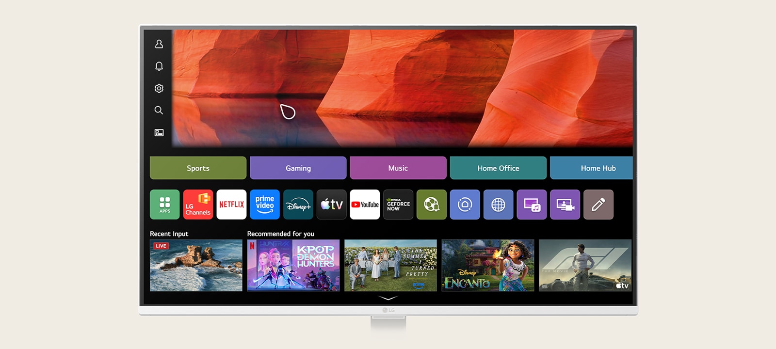 LG Smart Monitor displaying the webOS home interface with LG Channels app among streaming services, showing content recommendations, sports, gaming, music, and home hub categories, highlighting smart TV style navigation and built in streaming experience