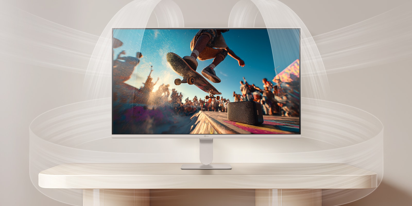 LG Smart Monitor demonstrating AI Sound Pro with a cinematic concert scene on screen, highlighting immersive audio optimization, clear dialogue, and balanced sound performance for an enhanced home entertainment experience