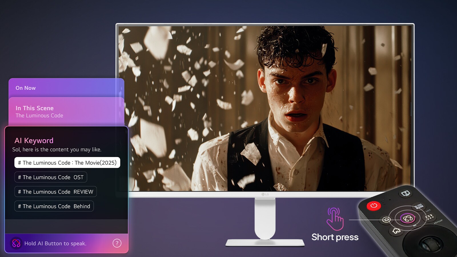 LG Smart Monitor displaying AI Concierge interface with Generative AI recommendations and AI keyword suggestions, controlled by Magic Remote, highlighting contextual search, voice interaction, and personalized content discovery on the smart monitor