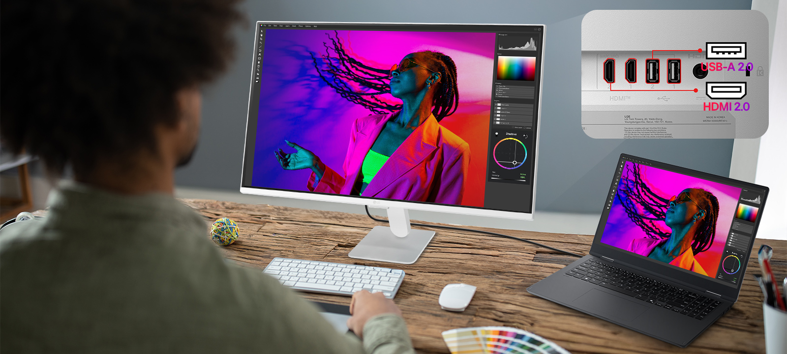LG Smart Monitor connected to a laptop via USB C with 65W charging, showing photo editing workspace, multiple ports including USB C, USB, and HDMI, highlighting single cable connectivity, device charging, and productivity focused workstation setup