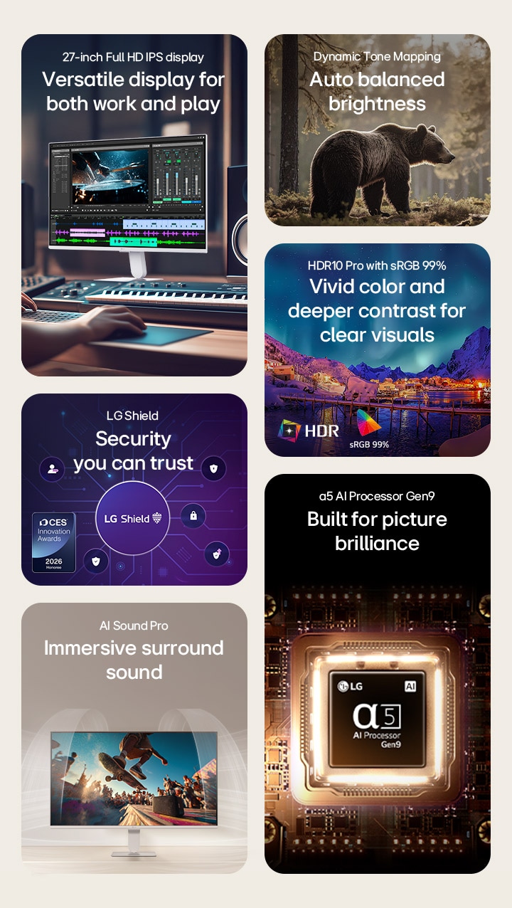 Summary video showcasing LG Smart Monitor features including Full HD IPS display, Dynamic Tone Mapping, HDR10 Pro with sRGB 99%, AI Sound Pro, α5 AI Processor Gen9, and LG Shield security.