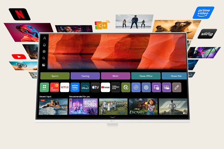 LG Smart Monitor showing the webOS home screen with streaming apps and content tiles, surrounded by floating entertainment visuals like movies, sports, and shows, highlighting all in one smart streaming, content discovery, and home entertainment experience