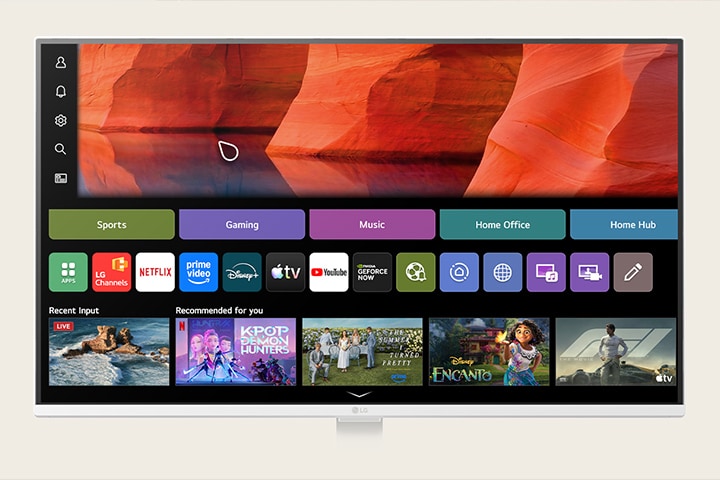 LG Smart Monitor displaying the webOS home interface with LG Channels app among streaming services, showing content recommendations, sports, gaming, music, and home hub categories, highlighting smart TV style navigation and built in streaming experience
