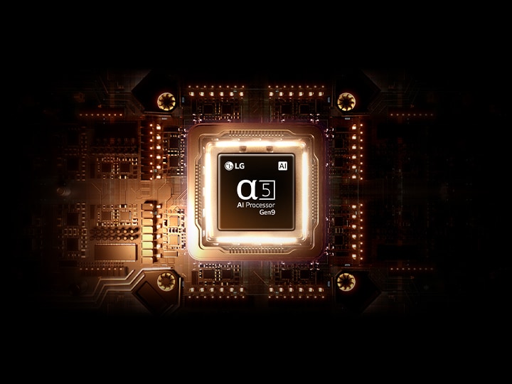 The alpha 8 AI Processor 4K Gen3 performance visualization with glowing chip and light effects, highlighting high performance processing, AI driven picture and sound optimization, and advanced smart display technology