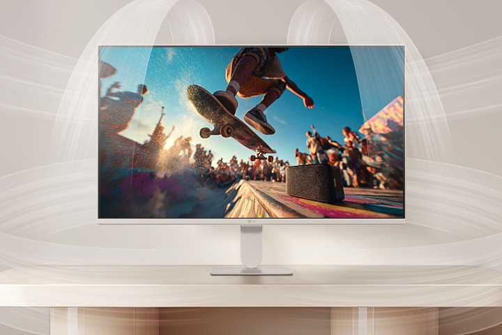LG Smart Monitor demonstrating AI Sound Pro with a cinematic concert scene on screen, highlighting immersive audio optimization, clear dialogue, and balanced sound performance for an enhanced home entertainment experience
