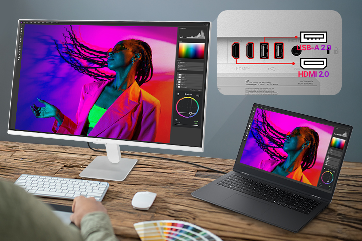 LG Smart Monitor connected to a laptop via USB C with 65W charging, showing photo editing workspace, multiple ports including USB C, USB, and HDMI, highlighting single cable connectivity, device charging, and productivity focused workstation setup